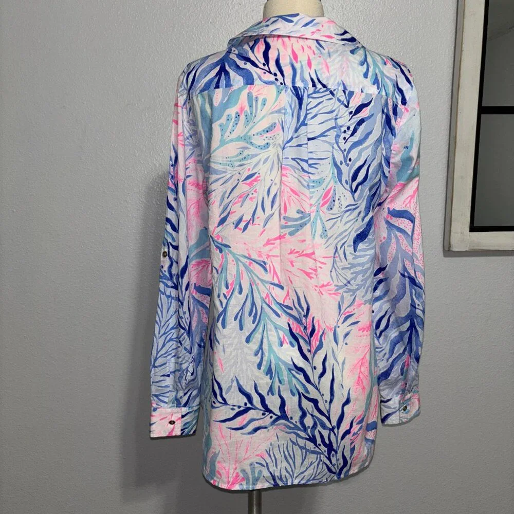 Lilly Pulitzer‎ Women’s S Cotton Tunic Top Button Front Pink Blue Tropical Print - Picture 5 of 11